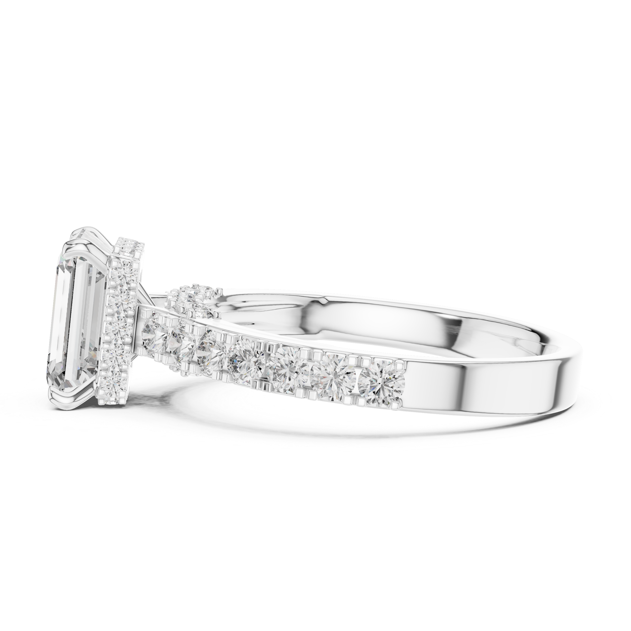Diamond ring with emerald-cut center stone and smaller diamonds on a white background